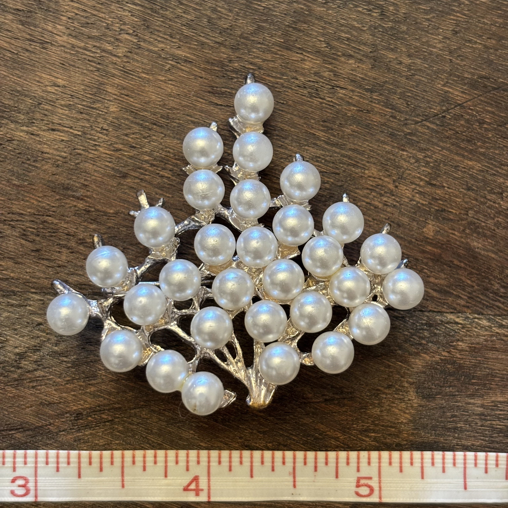 Clustered Faux Pearl Branch Berry Brooch Silver Tone
